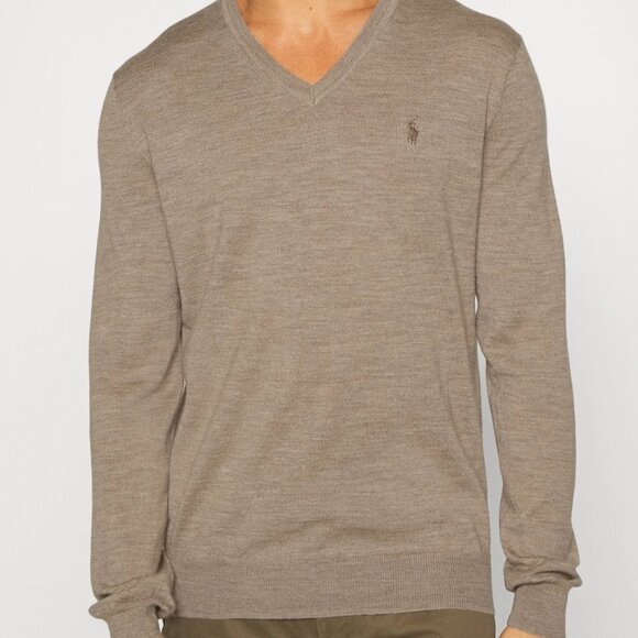 Men’s Polo by Ralph Lauren Brown Cream Beige V-Neck Sweater XL – Classic & Cozy - Picture 2 of 11